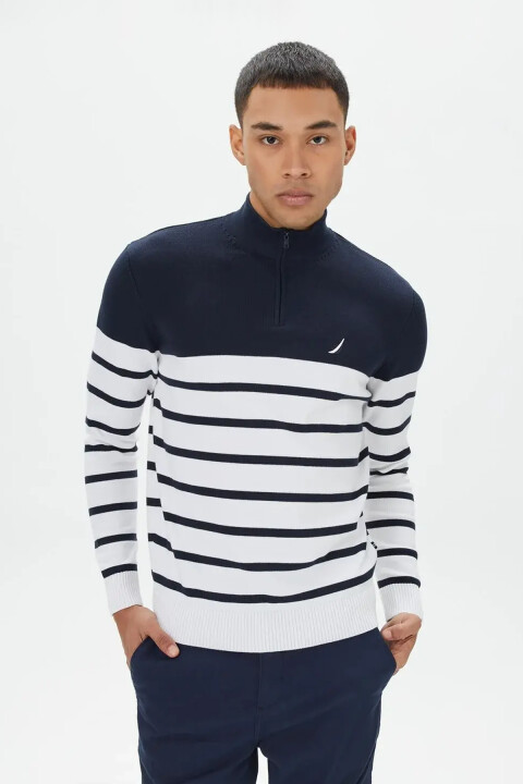 Erkek Standart Fıt Çizgili Dik Yakalı Uzun Kollu Triko Kazak-Lacivert-Beyaz - Nautica