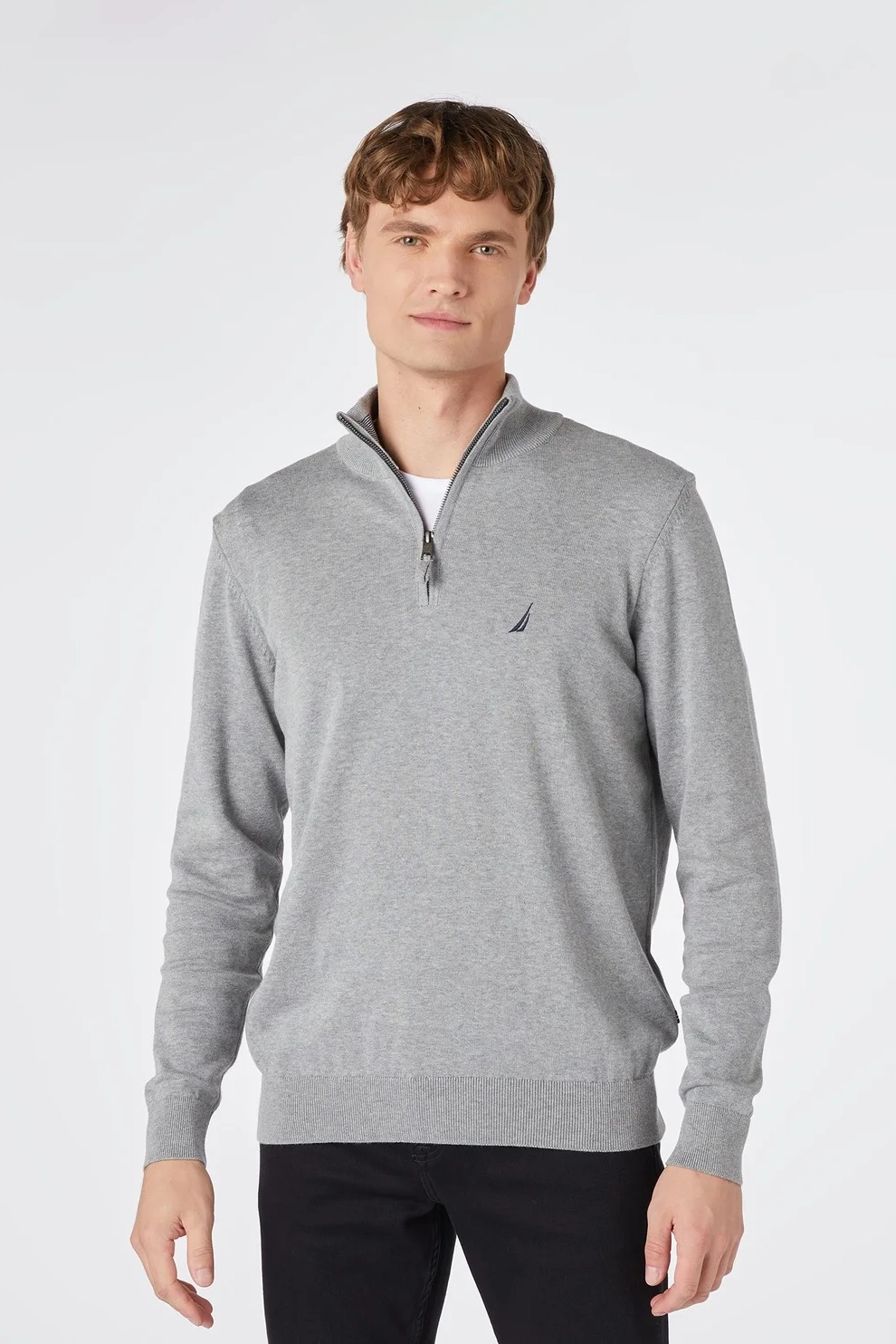 Erkek Standart Fit Dik Yakalı Uzun Kollu Triko - Gri - Nautica