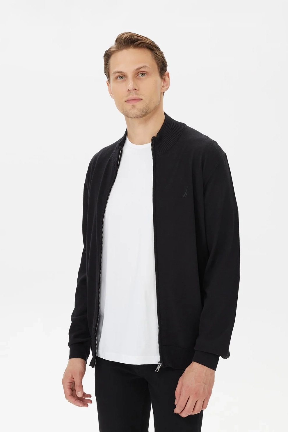 Erkek Standart Fit Dik Yakalı Uzun Kollu Triko Hırka - Siyah - Nautica