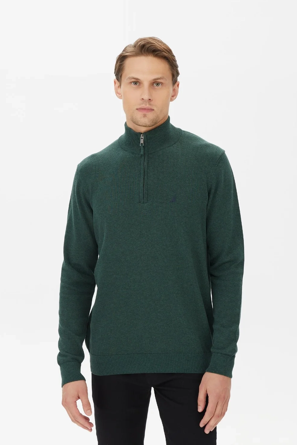 Erkek Standart Fit Dik Yakalı Uzun Kollu Triko - Yeşil - Nautica