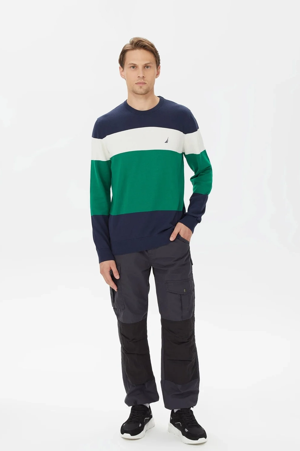 Erkek Standart Fit Renk Bloklu Uzun Kollu Triko - Yeşil - Nautica