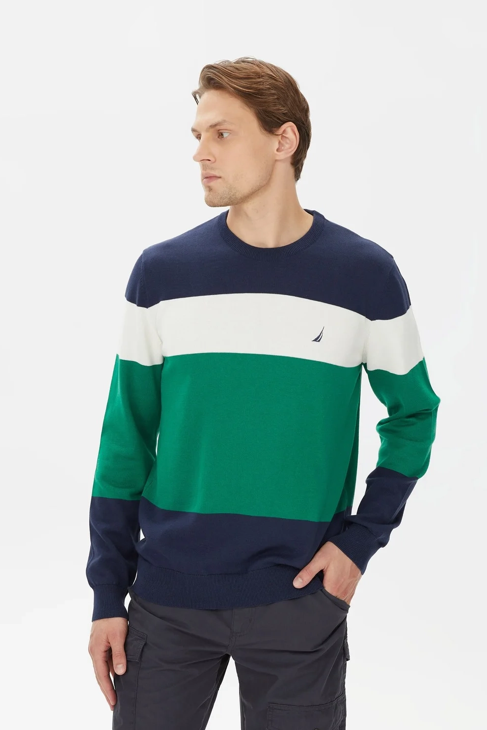 Erkek Standart Fit Uzun Kollu Renk Bloklu Triko - Lacivert - Nautica