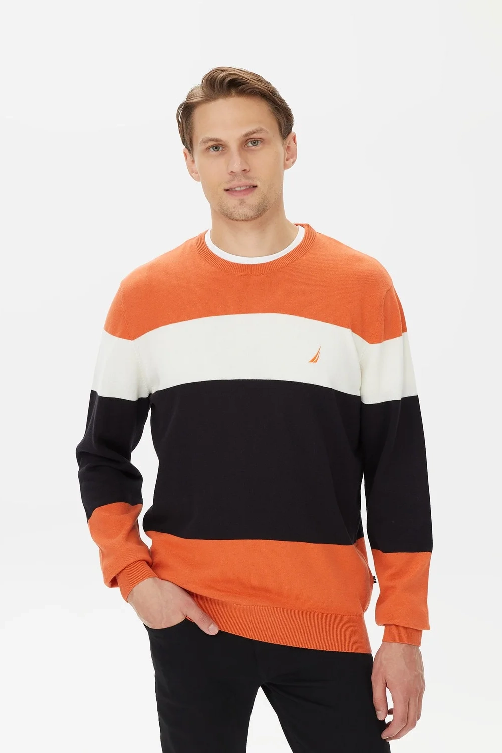 Erkek Standart Fit Uzun Kollu Renk Bloklu Triko - Turuncu 