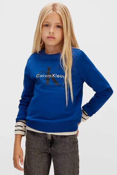 Unisex Çocuk CK Monogram Terry CN Sweatshirt - Mavi - Calvin Klein