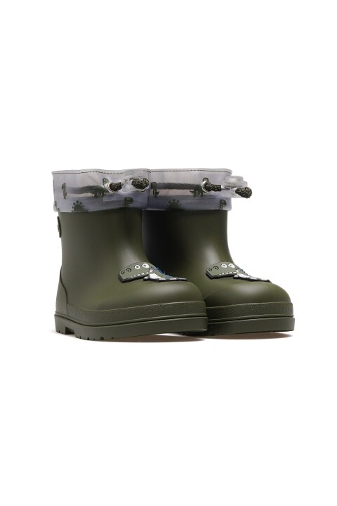 Unisex Çocuk Dinozor Figürlü İçi Kürklü Yağmur Çizmesi - Haki 